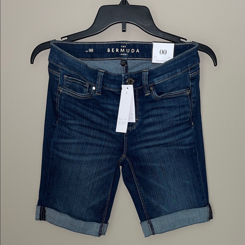 WHBM Bermuda Dark Wash Medium Wash Denim Shorts Capri NWT Size 00 XS Women White